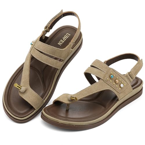 Image of UBFEN Womens Thong Sandals with Toe Loop Heel Strap for Beach | Dressy Casual Flat Flip Flops with Back Strap, Cushioned Footbed for Comfortable Summer Walking