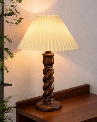 Image of Homesake Classic Twister Wooden Table Lamp with Shade | Handcrafted Bedside Lamp, E27 Holder| Bulb Included |Warm Light Night Lamp, Bedroom, Living Room, Study & Home Decor, (Pleated Off-White)