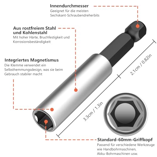 6 Stück Bithalter Magnetisch, Hochwertiger Halterung Magnetisch Stark Bitverlängerungen 60mm Sechskantschaft Bit Verlängerung 1/4\ Magnet Bithalter für Schlagschrauber Akkuschrauber