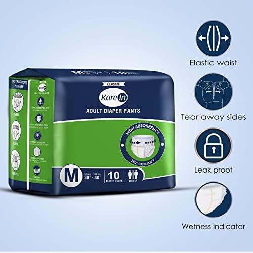 KareIn Classic Adult Diaper Pants, Medium 75-100 Cm (30"- 40"), 120 Count, Unisex, Leakproof, Elastic Waist, Wetness Indicator, Pack of 12