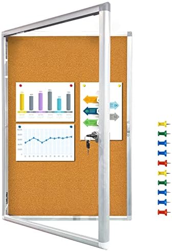 KBW Enclosed Cork Bulletin Board for Wall, Aluminum Framed School Office Cork Vision Notice Board with Lockable Acrylic Door Weatherproof Display Case for Indoor, Outdoor (36 x 24 Inch)
