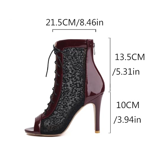 Image of Women's Lace Up Dance Heels Open Toe Mesh Sparkling Sequin Booties Peep Toe Stiletto High Heel Dance Shoes