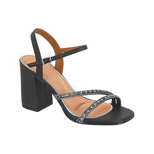 Vizzano, SANDÁLIA FEMININA VIZZANO 6409.220 SALTO BLOCO 8 CM DE ALTURA TIRAS EM STRASS Cor:Preto;Tamanho:35