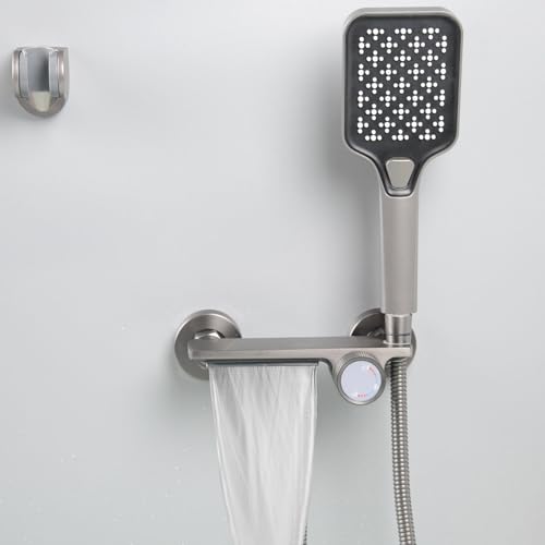 SHANFO Robinet de Baignoire Cascade, Mitigeur Baignoire avec Douchette, Mitigeur Bain Douche Mural, Laiton, Gris, 12Y7OK