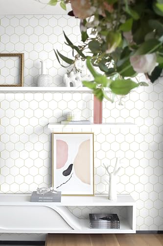 Fiula Gold and White Geometric Wallpaper Peel and Stick Wallpaper Hexagon White Wallpaper 17.3”×78.7”Decorative Shelf Drawer Liner Roll Waterproof