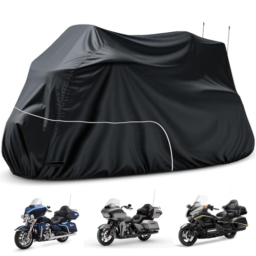 Image of Motorcycle Cover Heavy Duty 300D Waterproof for Touring Ultra | Fits for Harley Davidson Ultra Ltd, Road Glide Ltd, Honda Goldwing, BMW, Indian Motorcycle Accessories, 110 Inch Black