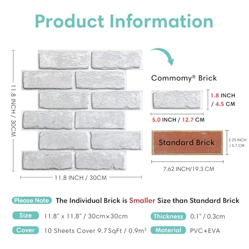 Commomy 10 Stück 3D Wandpaneele Steinoptik Selbstklebend 30 x 30 cm Weiße Ziegel 3D Steinoptik Tapete PVC Steintapete Selbstklebende Wandverkleidung für Innen Wohnzimmer Schlafzimmer Kamin