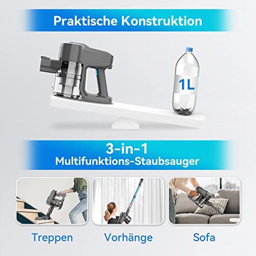 Akku Staubsauger, 25000Pa/175W/50Min Staubsauger Kabellos, Anti-Tangle-Bürste und Selbststehend, Ultraleichter Handstaubsauger akku vacuum cleaner Stielstaubsauger für Teppichen, Hartboden, Tierhaare - 2