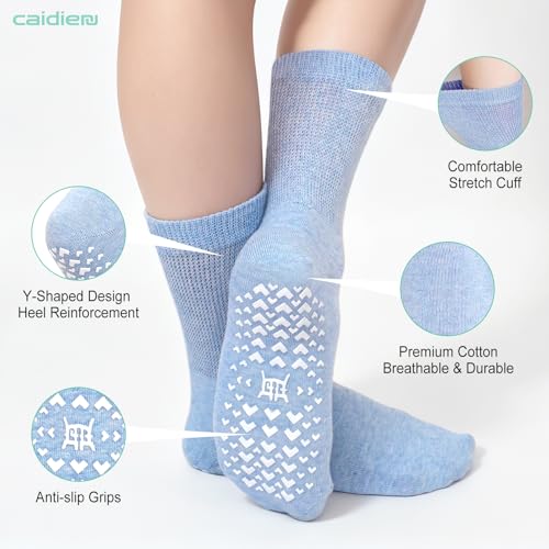 Image of CaiDieNu Non Slip Socks for Women: Non Skid Grip Socks for Elderly Hospital | Non Binding Grippy Crew Slipper Socks for Pregnant & Daily Wear, Wide Grippers Prevent Falls, Great Gifts for Seniors 5 Pairs