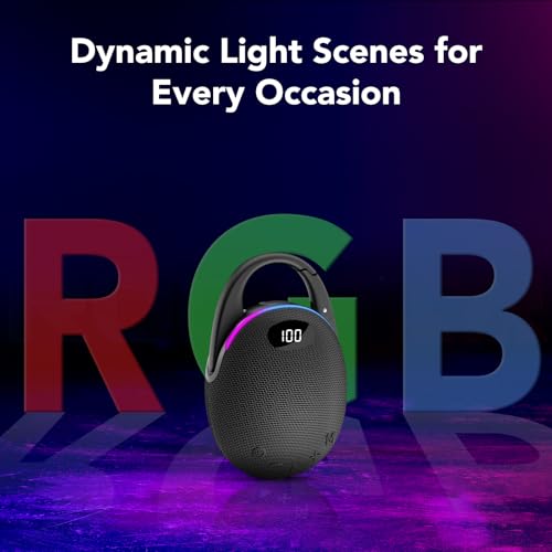 Tragbare Bluetooth Lautsprecher mit Licht,LED Anzeige, Integrierter Karabiner, Pro Sound Musikbox, Kraftvoller Bass,25 Std Akku, RGB Lichter, TWS Kopplung, AUX, TF Karte, Geeignet Outdoor/Party/Reisen