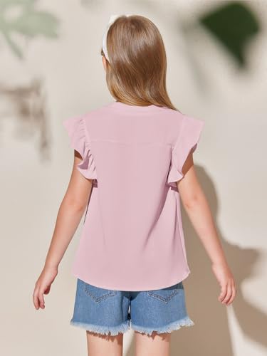 Image of Haloumoning Girls Summer T Shirts Kids Fashion V Neck Ruffle Short Sleeve Tops Blouse 5-14 Years