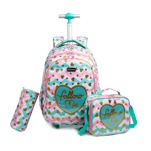 Mochila de Rodinhas Infantis CUTBLAJAT - Kit com Mochila Feminina, Lancheira e Estojo - Estampa de Ondas Coloridas e Coração Dourado