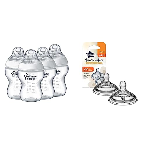 Image of Bundle of Tommee Tippee Closer To Nature Baby Bottles Slow Flow Breast-Like Nipple With Anti-Colic Valve (9oz, 4 Count) + Tommee Tippee Closer to Nature Fast Flow Baby Bottle Nipples, 6+ months 2pk