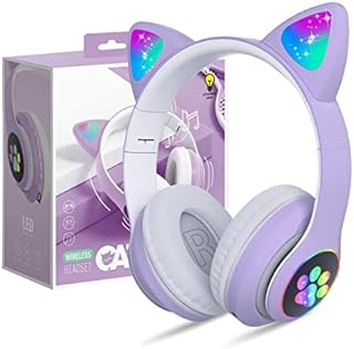 OHAANYY Bluetooth Headphones for Kids, Cute Ear Cat Ear LED Light Up Foldable Headphones Stereo Over Ear with Microphone/TF Card Wireless Headphone for iPhone/iPad/Smartphone/Laptop/PC/TV (Purple)