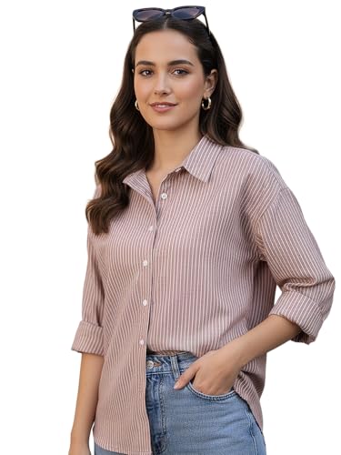 Image of Urbano Fashion Women's Cotton Full Sleeve Oversized Fit Casual Striped Shirt with Spread Collar