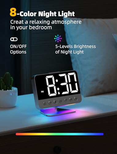 Odokee Digital Alarm Clocks for Bedrooms: Large Bold Number 5 Brightness Dimmer - Easy to Read Across The Room - 5 Alarm Sound 8 Night Light - Silver