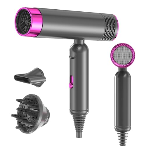 Guyisile Secador de pelo iónico, secador de pelo de viaje pequeño plegable, secador de pelo profesional de 1600 W para un secado rápido, con bolsa de almacenamiento, 3 calores y 2 velocidades (gris)