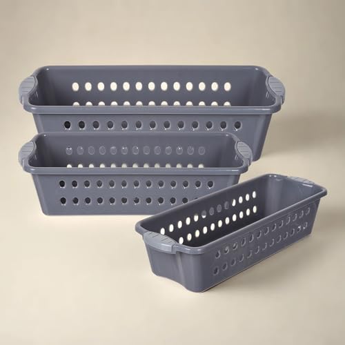 Image of Heart Home Pack of 3 Storage Basket | Storage Organizer for Kitchen-Refrigerator-Vegetables-Stationery | Multipurpose Cabinet Shelf Rack | Storage Box for Kitchen | S-M-L | Gray