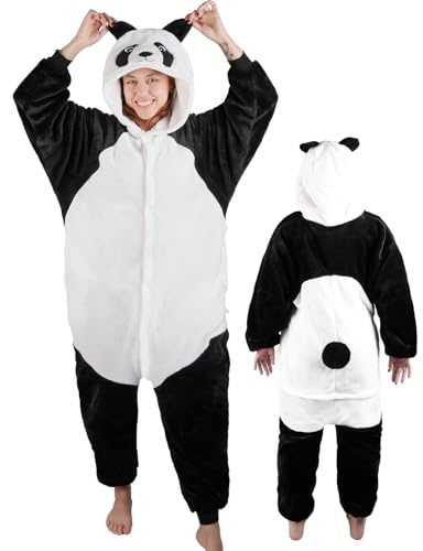 Onesie Panda Kostüm Unisex Kuschelig Schlafanzug Einteiler Damen Herren Erwachsene mit Reißverschluss Kapuze Pyjama Kuschel Jumpsuit Tierkostüm Lang Homewear Karneval Fasching Kostüm Damen Herren