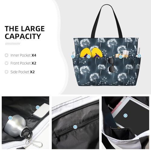 Large Beach Bags for Women Sandproof - Elegant Dandelion Print Summer Travel Work Tote Bags with Zipper3