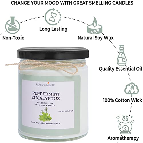Peppermint Eucalyptus Essential Oil Candle | Aromatherapy For The Home | 9 Oz Glass Jar | All-Natural Soy Candle | Cotton Wick | High Scent | 40 Hours Burn Time (Peppermint Eucalyptus) #TOP2