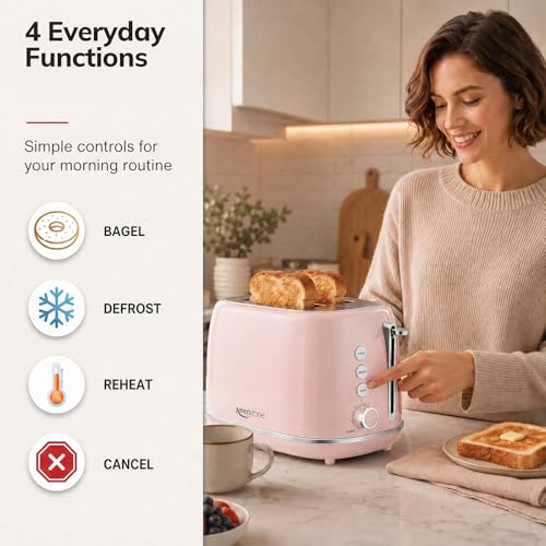 Image of 2 Slice Toaster Retro Stainless Steel with Bagel, Cancel, Defrost Function and 6 Bread Shade Settings Bread Toaster, Extra Wide Slot and Removable Crumb Tray (Pink)
