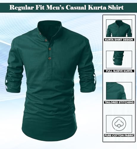 Image of FINIVO FASHION Men's Cotton Blend Solid Full Sleeve Short Kurta Shirt, Regular Fit Solid Pattern Mandarin Collar Straight Kurta Shirt