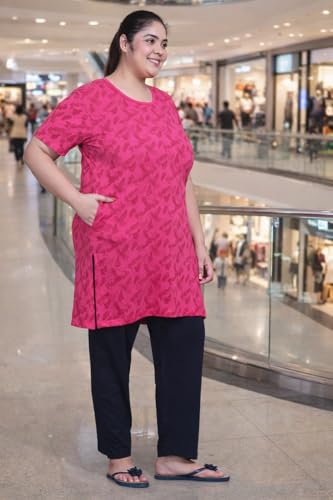 Image of RYSH Women's All-Over Printed Cotton Plus Size Longline T-Shirt with Pockets