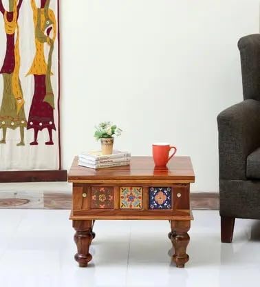 Image of Sheesham Wood Small Square Centre Coffee Table for Living Room | Centre Table for Drawing Room, Office & Home | Multicolour Tiles Design| Honey Finish