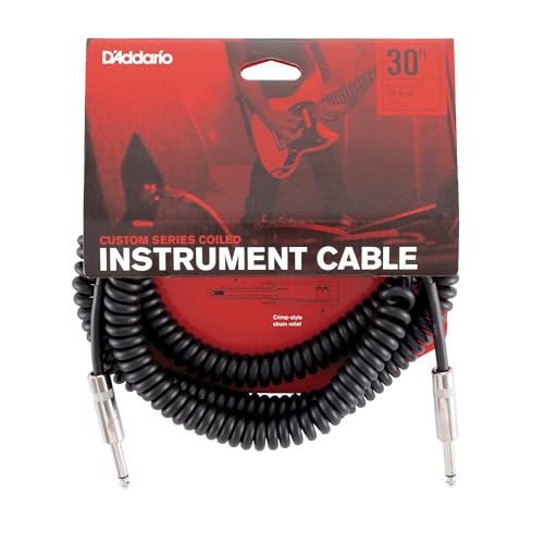 D’Addario Accessories Custom Series Coiled Guitar Cable - Coiled Instrument Cable with Nickel Plated ¼ Inch Ends - Warm, Vintage Look & Tone - 30ft (10ft Coiled) - Black