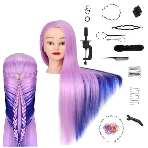 TwoWin Testina Parrucchiere con Capelli Sintetici - 25 Pollici /65 cm Manichino per Formazione Acconciature con Morsetto e Kit Extension (Viola Chiaro + Blu Navy)