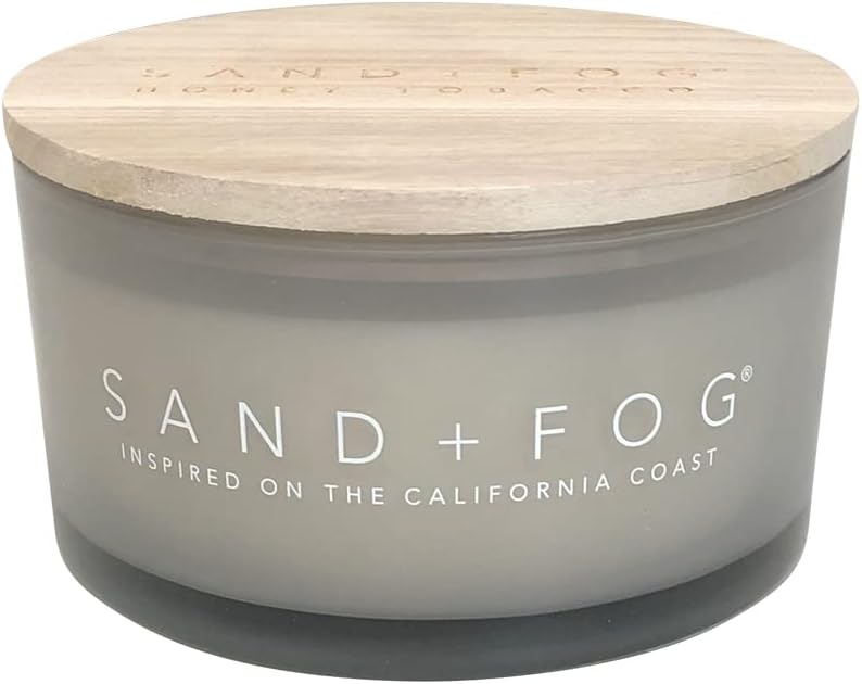 Sand + Fog Scented Candles | Honey Tobacco | Made with Essential Oils | 4 Wicks - 100% Cotton Lead-Free | 24 oz | Cocktail Table | Solid Wood lid Carved with Sand + Fog