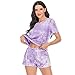 Produktbild LZJDS Neue Pyjama Damen Schlafanzug Dye Pyjama Top Mit Kurz Hose Mit Kordelzug Nachtwäsche Set Nachthemd Zweiteilige Sleepwear Nightwear Soft Zuhause Sommer S-XXL,Lila,L