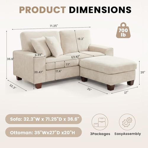 Image of DOPEDIO L-Shaped Sectional Sofa with Storage Ottoman, Modern Chenille Recliner Loveseat, Removable Couch Covers, Pocket Spring Cushions, Solid Wood Frame, Easy to Install (71.25inch, Beige)