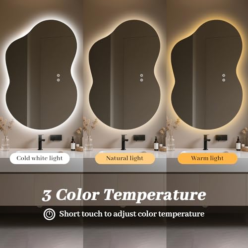 Image of WallBeyond 36 inchx24 inch Irregular LED Bathroom Mirror with Lights, Asymmetrical Backlit Vanity Mirror for Powder Room or Makeup Area, Dimmable & Anti-Fog, Dual Mounting