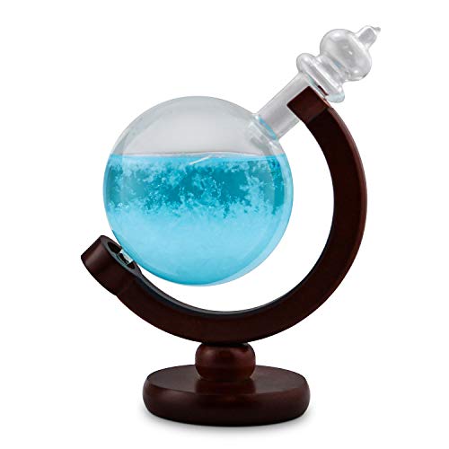 Globe Storm Glass Weather Station with Wood Base - Home Decor in Shape of Globe for Desktop, Desks, Shelf and Tables - Creative Temperature Gauge Gift for Fathers