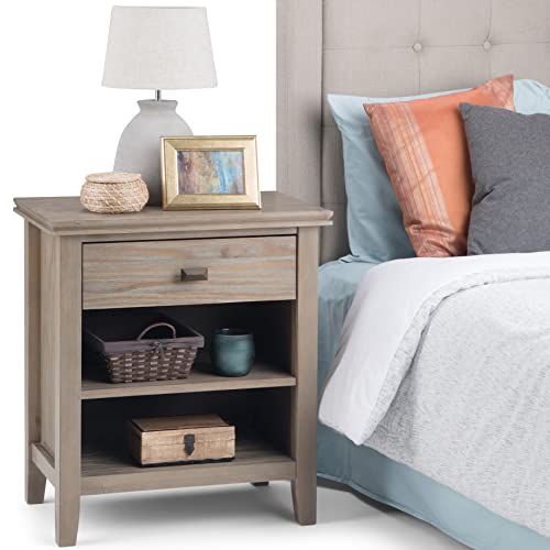 Simplihome Artisan 24 Inches Wide Night Stand, Bedside Table, Distressed Grey Solid Wood, Rectangle, With Storage, 1 Drawer And 2 Shelves, For The Bedroom, Contemporary Modern #TOP1