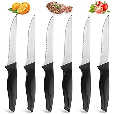 BEWOS Steak Knives, Steak Knife Set of 6, Stainless Steel Serrated Steak Knife Set, Dishwasher Safe, Meat Cutting Kitchen Steak Cutlery Set, Dinner Knife Table Knife Cover