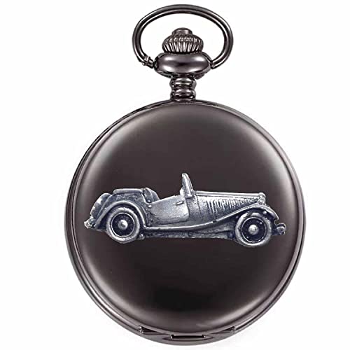 Montre gousset à quartz noire avec voiture classique pour homme