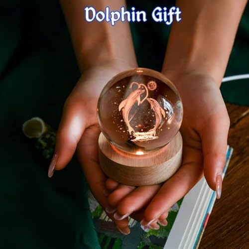 Image of STARKENDY Wooden Base Night Light 3D Crystal Ball | Portable USB 3D Crystal Lamp | Wooden Table Lamp Desktop Ornaments Warm White Lighting (3 D Dolphine)