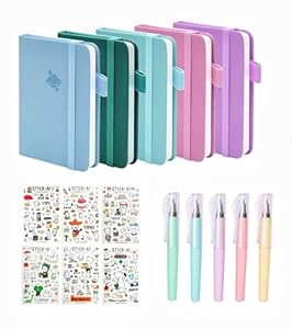QITIXI:OU 5 Stück Notebook A6 Set, 5 Kleine Notizbücher(96 Blatt/192 Seiten) mit 5 Stift und 6 Aufkleber, Farben Hardcover Pocket Notebook, A6 Notizbuch Liniert für Büro, Schule, Memos & Zeitplänen