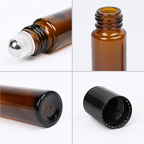 Lotfancy Essential Oil Roller Bottles, 6Pc 10Ml Amber Glass Bottle With Stainless Steel Roller Balls And Caps, Leakproof Perfume Bottles For Travel, Includes 2Pc 4Ml Droppers #TOP5