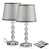 Acaxin 17'' Cute Crystal Table Bedside Lamp Set of 2, 3 Way Dimmable & 2 USB Charging Ports, Touch Control Nightstand Lamp with Modern Gray Shade, Small Bed Lamp for Bedroom, Guest Room(Bulb Included)