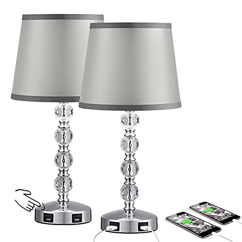 Acaxin 17'' Cute Crystal Table Bedside Lamp Set of 2, 3 Way Dimmable & 2 USB Charging Ports, Touch Control Nightstand Lamp with Modern Gray Shade, Small Bed Lamp for Bedroom, Guest Room(Bulb Included)
