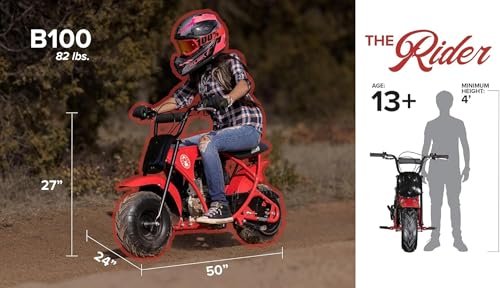 Coleman Powersports B100 105cc Gas Powered Minibike for Kids and Adults, 1-Cylinder, 4-Stroke, 22 Mph, 150 lbs Maximum Load, Ideal for Off-Road and Trail Riding