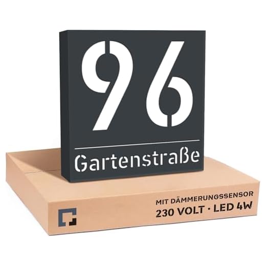 PRINTIMA Hausnummer Beleuchtet LED mit Dämmerungssensor 30x30 cm Anthrazit mit Gravur, 6W A++, 230V, wasserdicht, modernes Design, robust & stilvoll