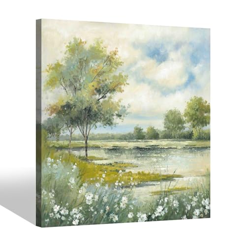Color Play Lake Landscape Canvas Wall Art: Modern Forest Tree