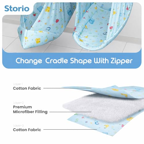 Image of Storio Baby Window Swing for Newborn (0-12 Months) | Hanging Baby Jhula with Mosquito Net, Spring & Metal Window Hanger | Polycotton Palna Thottil | Indoor Window Cradle Sleeping Set - Blue