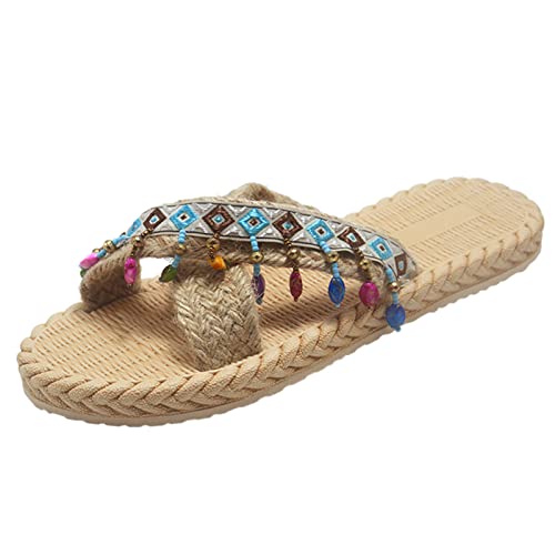 Woven Sandals and Women Spring Flops and Imitation Slippers Flat Beach Summer Straw Flip Women's Slipper Slippers for Women Indoor and Outdoor (Sky Blue, 7.5)