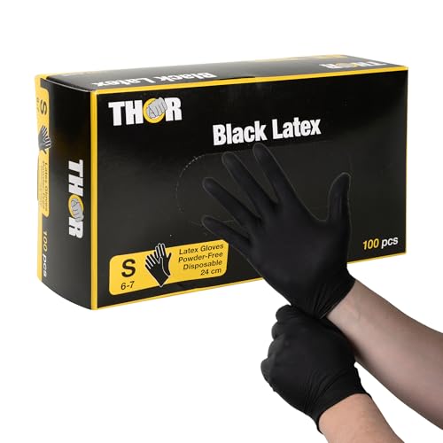 ABENA THOR Latexhandschuhe Schwarz, 100 Stück Einmalhandschuhe, Puderfrei, Größe S – Einweghandschuhe für Küche, Kochen, Putzen, Grillen & Werkstatt